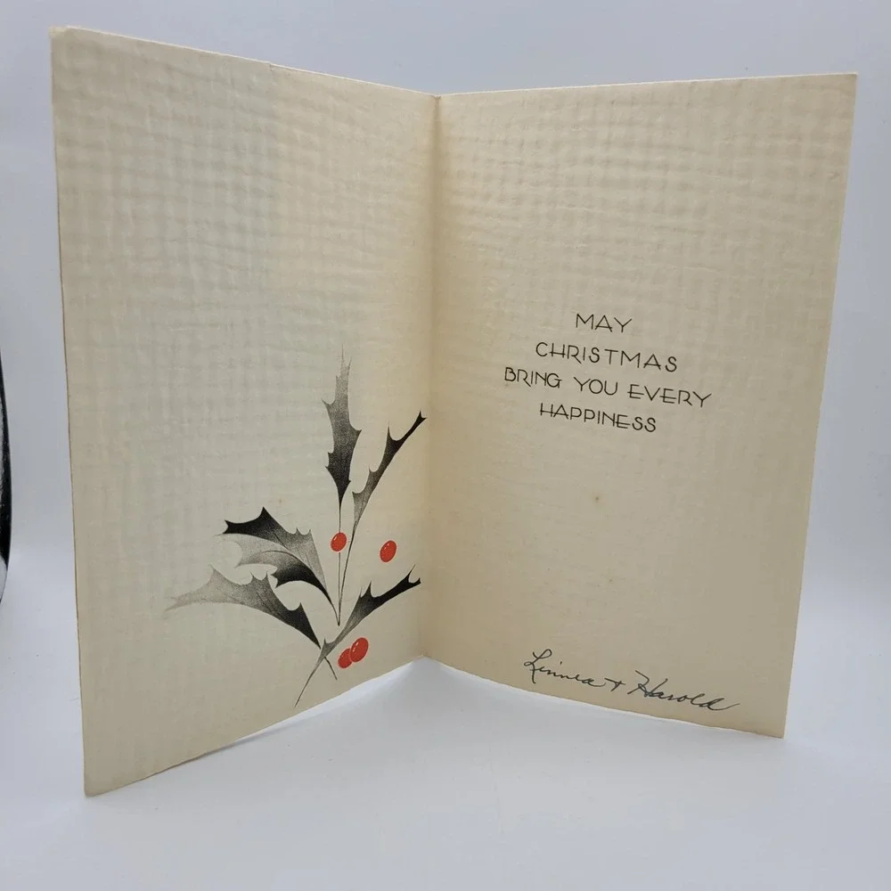 Vintage Best Wishes Christmas Card Linnea & Harold Gold‎ Foil Holly